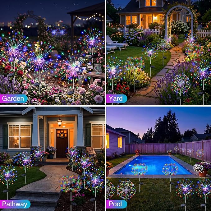 btfarm 10 Pack Solar Garden Lights Outdoor, 8 Modes Firework Lights Solar Powered, Waterproof Twinkle Fairy Light Outside for Yard Patio Pathway Pool Christmas Party Decorative, Multicolor