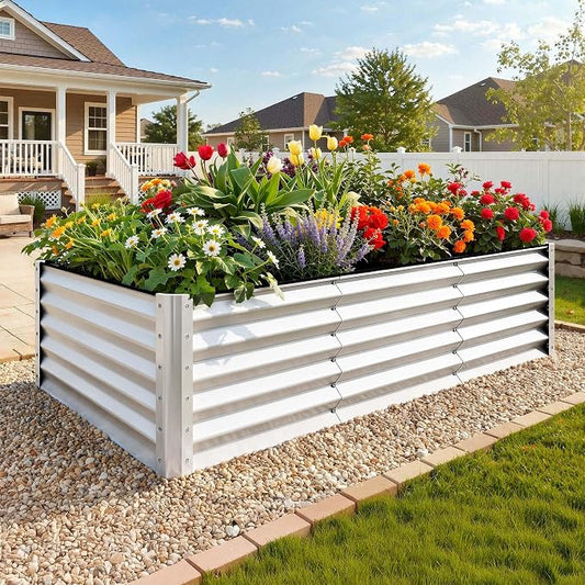 YITAHOME 8x4x3ft Large Raised Garden Bed Kit, Galvanized Metal Planter Box with Gloves, Support Rod & Safety Rubber, Outdoor Above Ground Planters for Plants Vegetables Flowers,Silver Gray