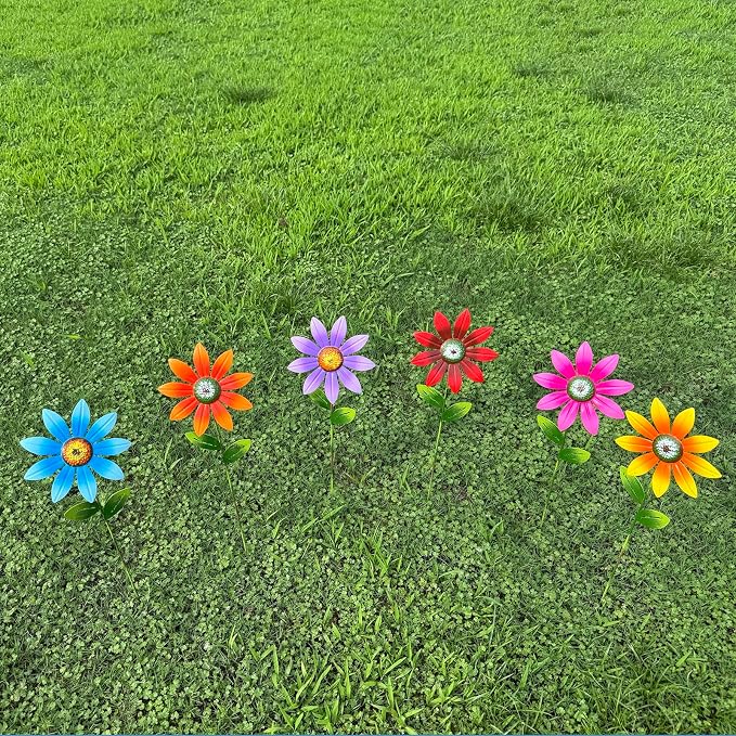 Metal Flower Garden Stakes Outdoor – Decorative Daisy Yard Flower with Shaking Head Stakes for Lawn, Patio, Flower Bed & Walkway – Weatherproof Metal Garden Decor for Spring & Summer