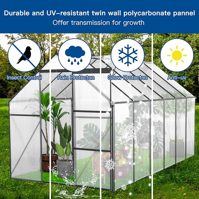 6x12 FT Polycarbonate Greenhouse with Raised Base and Anchor Aluminum,Heavy Duty Walk-in Green Houses,w/ Drainage System & Adjustable Roof/Sliding Door,for Outdoor Backyard,Black