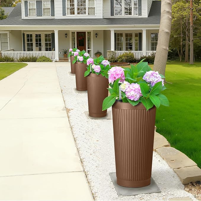 FENCY Self Watering Tall Planters Set of 2, Brown Round | 24 Inch, with Water Level Indicator& Spacious Reservoir, Plastic Tapered Pots, Weather-Resistant, Front Door Decor