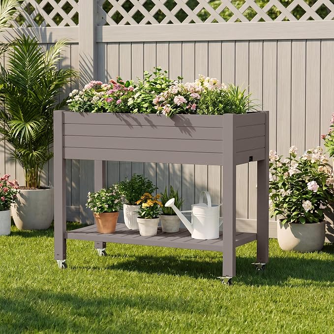 Fancyango Raised Garden Bed with Wheels 33.7" H -Gray | Resin Elevated Garden Planter Box with Drainage, Outdoor Planter Box for Veggies Herbs Patio Balcony Backyard