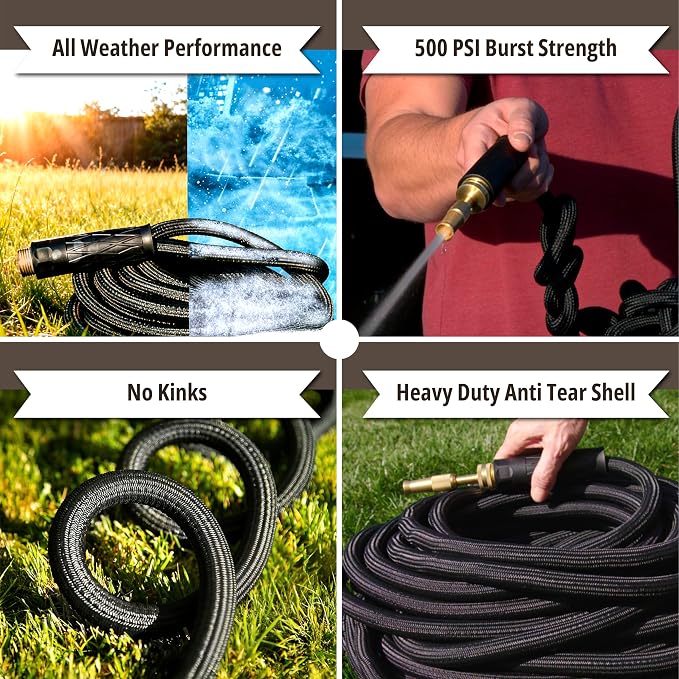 Hydrosteel PRO 50 Ft Heavy Duty Metal Garden Hose with Brass Nozzle | Made from 304 Stainless Steel, Flexible, Lightweight, Crush Resistant Fittings, Kink Free, 5/8” Diameter, 600 PSI Water Flow