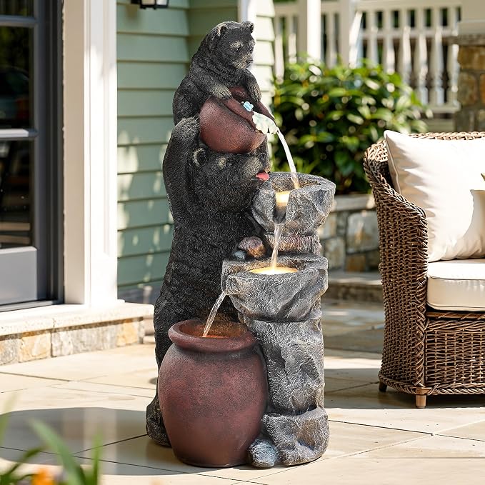 38" H Playful Twin Bear Statue Outdoor Fountain with LED Lights | Whimsical Multi-Tiered Stone Vessel Water Feature with Soothing Cascading Waterfall for Patio, Backyard, Garden or Porch