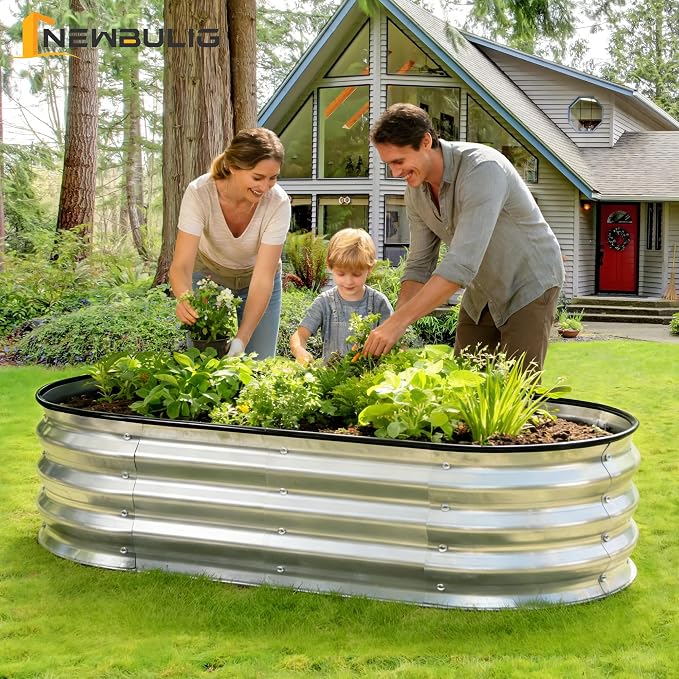 NEWBULIG Galvanized Raised Garden Bed Outdoor, 6x3x1ft Metal Planter Box for Vegetables Flowers Herbs, Heavy-Duty Oval Raised Flower Bed for Gardening, Open Bottom, Easy Assembly, Safe Edges