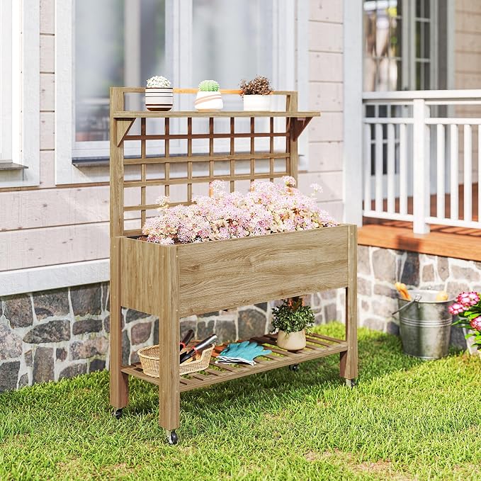 Outsunny 41" Raised Garden Bed with Trellis on Wheels, Wooden Elevated Planter Box with Legs and Bed Liner, for Flowers, Herbs & Vegetables, Dark Brown