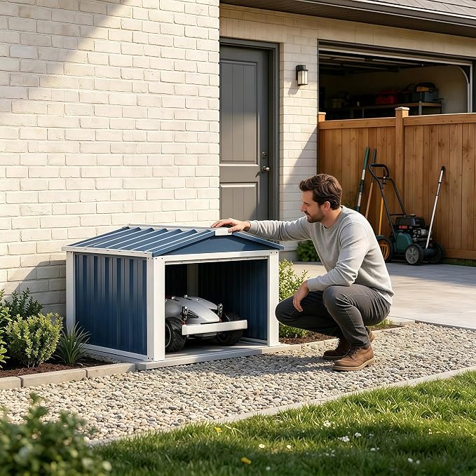 REEMOON 3x3 FT Metal Robot Mower Garage, Small Outdoor Shed, Blue | Open-front metal shelter for robot mowers, garden tools, trash bins, and small backyard equipment; assembly required.