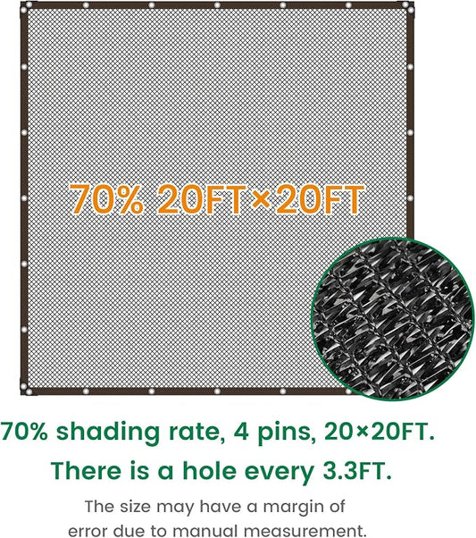 Shade Cloth, 20FT X 20FT 70% Black Outdoor Woven Sun Shade with Grommets, Durable Breathable Netting Shading Antifreezing for Patio, Garden, DIY Home, Plants Cover, Greenhouse, Dog Kennel