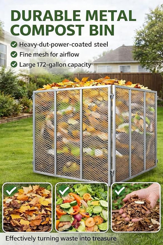 Large Compost Bin Outdoor - Metal Wire Mesh Compost Bins with Rust-Proof Coating, Easy to Assemble Square Garden Compost Bin for Yard Waste, Leaves & Kitchen Scraps 37x37x30 Inches Gray
