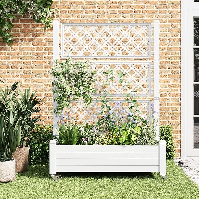 Elevated Raised Garden Bed with Wheels,Medium Ashen-61.2" h | Resin Planter Box with Drainage Holes, Water Monitor, Wheels for Garden Patio Backyard