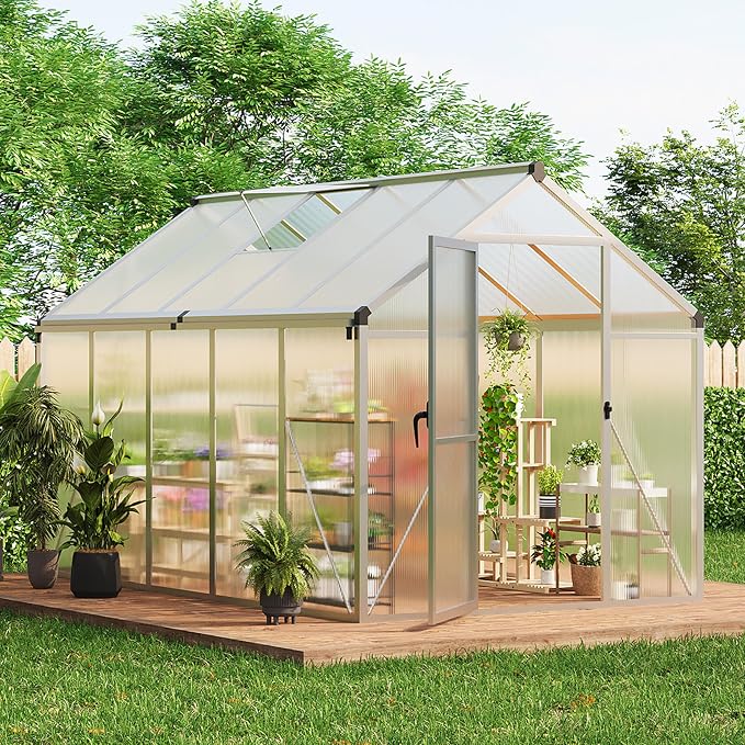 6x10 ft Walk-in Greenhouse, Polycarbonate Panels with Reinforced Aluminum Frame, Large Garden Green House for Planting and Seed Starting, Quick-Assembly Structure with Adjustable Roof Vent