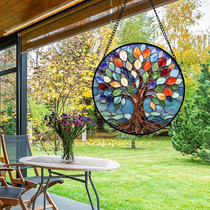 DASTOLL Stained Glass Window Hanging, Colorful Tree of Life Sun Catchers Glass Panel Blue Suncatcher Decor for Birthday for Women, Men, Wife, Aunt, and Mom 14.9x14.9 in