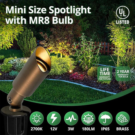 GKOLED 6 Pack Mini Size Brass Landscape Spotlight, Low Voltage 12V AC/DC Outdoor Directional Up Light, 180 LM, 3W MR8 LED Bulb ABS Ground Stake, 2700K Warm White, Garden Patio Trees Spot Uplight