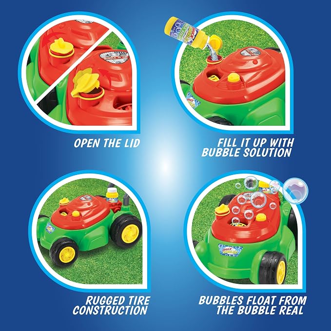 Maxx Bubbles Bubble-N-Go Mower, Includes 4oz Bubble Solution, Bubble Lawn Mower for Toddlers, Outdoor Bubble Toy for Kids, No Batteries Required, Red