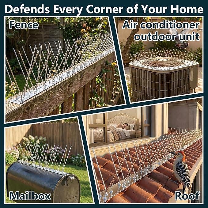 Stainless Steel Bird Spikes for Outside,Anti Bird Deterrent Spikes for Woodpeckers, Squirrels, Raccoons,Weatherproof Fence Spikes for Roof, Railing,Patio, 9.84 Feet