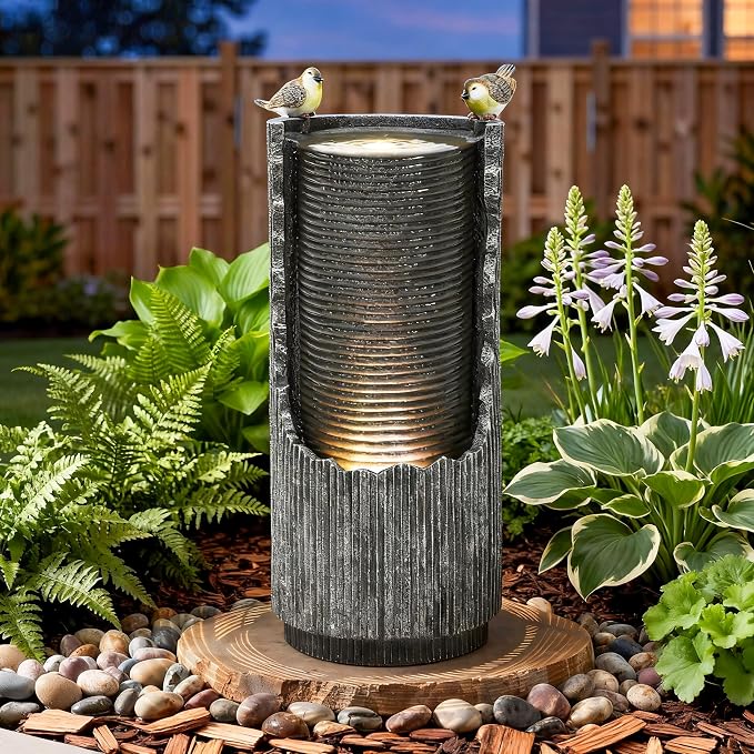 32" Cracked Jar Outdoor Water Fountain LED Bird Cascading Waterfall | 3D concrete texture, bird accents, garden patio deck,Oasis for Porch