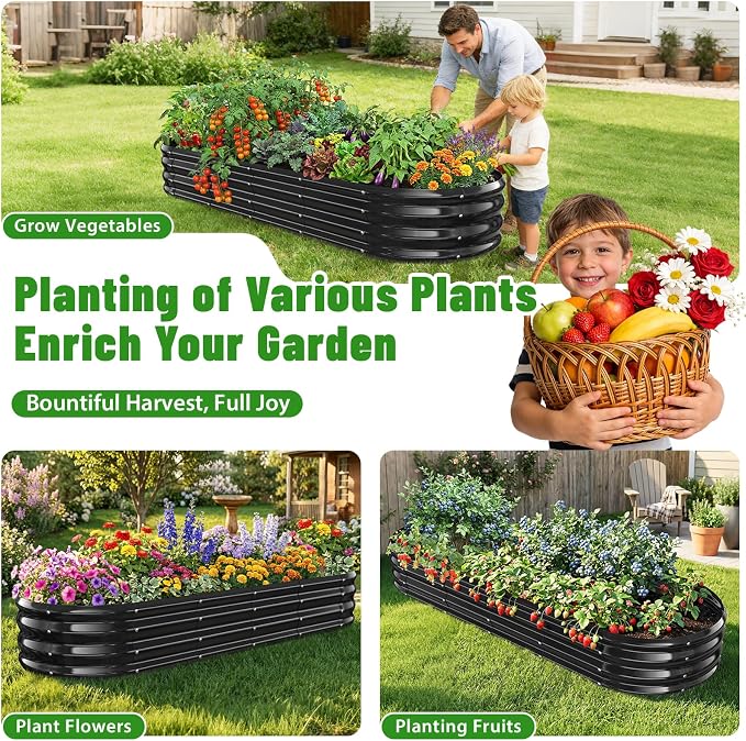 Oval Raised Garden Bed, 6 x 2 x 1FT, Galvanized Steel Planter Box with Wave-Shaped Metal Panels Painted for Outdoor Flower,Tree,Herb & Vegetable Garden (Black, 72X24X12 inches)