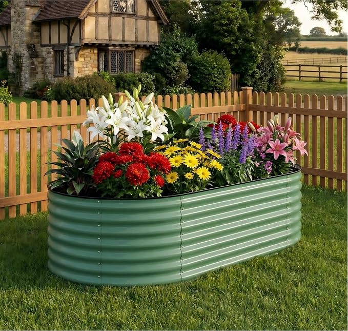 Garvee 8x4x1.5ft Galvanized Raised Garden Bed, Oval Metal Planter Box with Anti-Cut Safety Edges, 359 Gallons Rust-Resistant Deep Root Planter for Outdoor Vegetables, Flowers, Herbs, Green