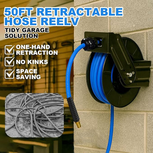 Retractable Air Hose Reel With 3/8" Inch x 50' Ft, Heavy Duty Steel Hose Reel Auto Rewind Pneumatic,Industrial Grade Rubber Hose,Black