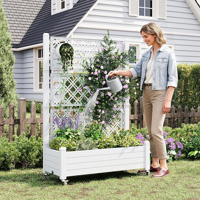 Elevated Raised Garden Bed with Trellis&Wheels,Ashen-61.2" h | Planter Box with Trellis Outdoor, Raised Planter with Trellis with Drainage Holes & Water Monitor for Climbing Plants