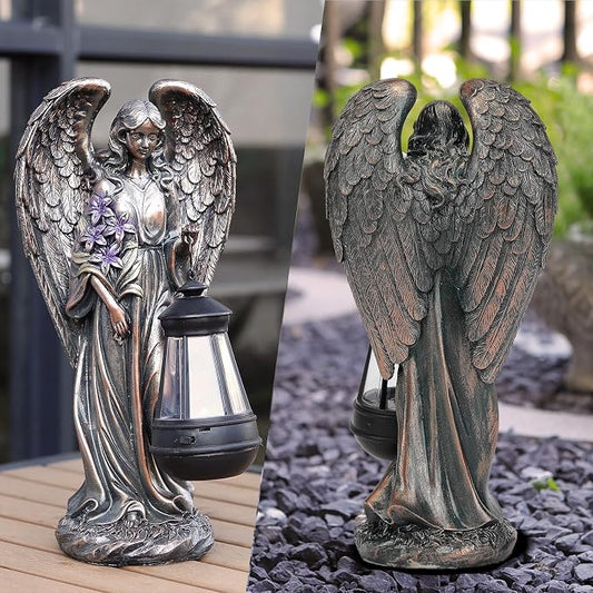 VChymm Solar Angel Outdoor Garden Decor Statues – 13.2 inches Solar Outdoor Sculptures for Outside Yard Art Patio Balcony Front Lawn Ornaments Gifts for Mom Grandma Women(Bronze)