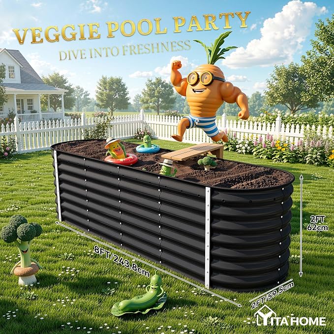 YITAHOME 8x2x2ft Galvanized Oval Raised Garden Bed, Metal Planter Box with Safety Rubber, Gloves, Outdoor Flower Bed for Planting Plants Vegetables, Black