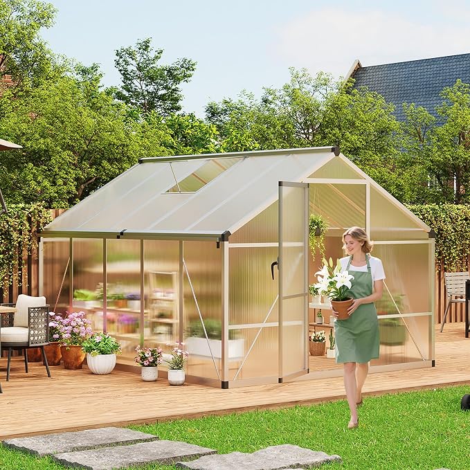 8x10 FT Greenhouse for Outdoors, Polycarbonate Greenhouse with Roof Vent, Ground Nails, Lockable Push Door, Aluminum Large Walk-in Green House for Outside Garden Backyard, Patio, Lawn, Silver