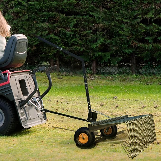 60 Inch Tow Behind Lawn Dethatcher, Tow Behind Steel Pine Straw Rake | with 24 Durable Spring Steel Tines for ATV or Mover Tractors, Designed to Pull Behind Lawn and Garden Tractors, Orange
