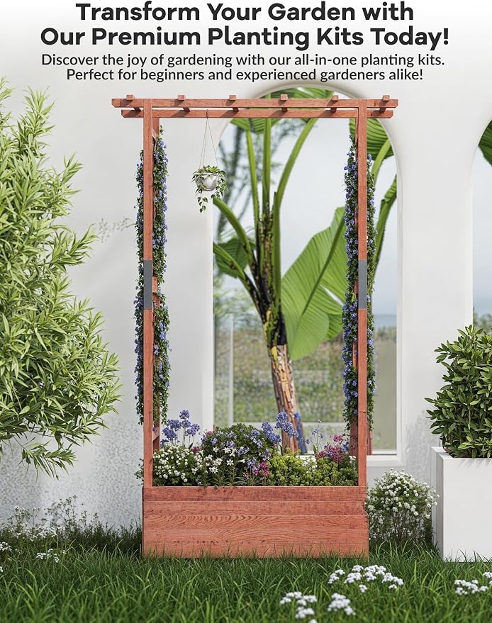 Patikuin 45" Elevated Wooden Raised Garden Bed with Trellis & Canopy, Freestanding Planter Box with Side Supports & Drainage Holes, Large Vertical Planter for Climbing Plants, Vines, Flowers, Patio