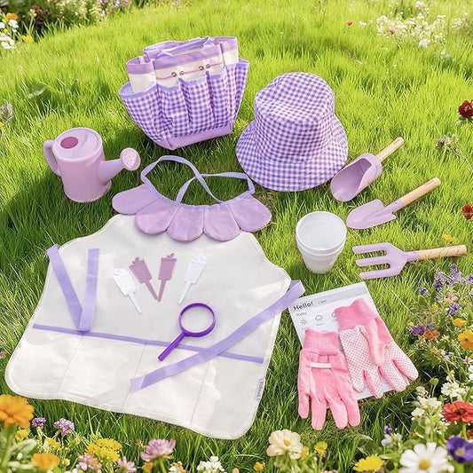 ROBUD Kid Gardening Set, Purple Wooden Garden Tool for Kid, Garden Tool Kit with Tool Storage Bag, Apron, Gloves, Montessori Toys for Kids to be Closed to Nature, WRP52