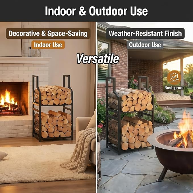 Firewood Rack Indoor Outdoor - 31.5" Vertical Log Holder with Kindling Storage, Heavy Duty 2-Tier Steel Wood Stacker Stand with X-Guardrails for Fireplace, Patio, Porch, Black