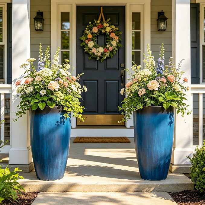 2-Pack 23.75" Cobalt Blue Round Tall Planters with Drainage Holes | Set of 2 PP tall planters with cobalt glaze look, drainage plugs, and UV-treated finish for porch, patio, or entryway