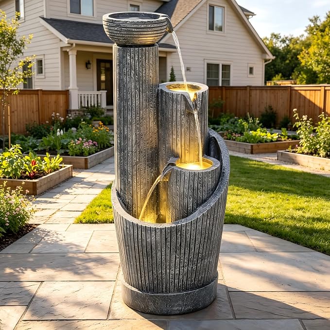 AUTODAYA 31" 5-Tier Twist Pedestal Outdoor Fountain LED Cascading Waterfall | geometric twist Pedestal Bowl design, fluted texture, patio garden, Backyard, Deck, or Porch