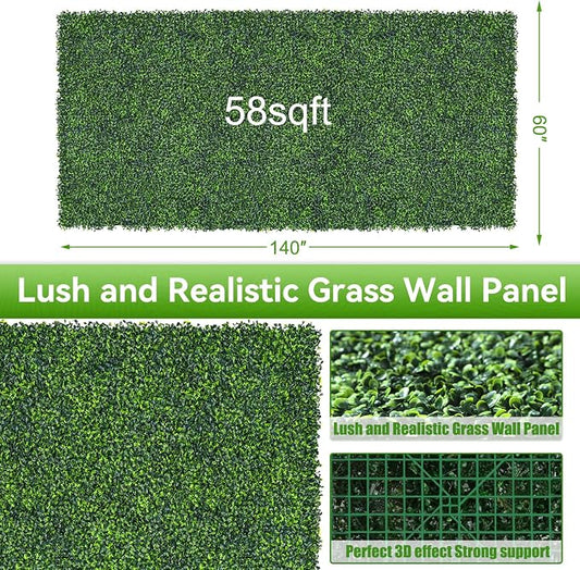 Artificial Boxwood Roll, 60x140 in (58 sqft) UV-Anti Faux Ivy Grass Wall Backdrop for Balcony Privacy, Fake Grennery Wall Decor for Garden, Patio, Backyard