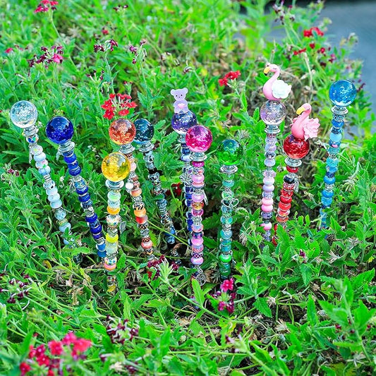 AIPRIDY DIY Crystal Beaded Fairy Wand Garden Stakes Kit, Colorful Decorative Wands with Assembly Guide, 12 or 10 Inch Threaded Rods,Outdoor Garden Decoration Set (238, Rainbow+Inner BubbleTop)