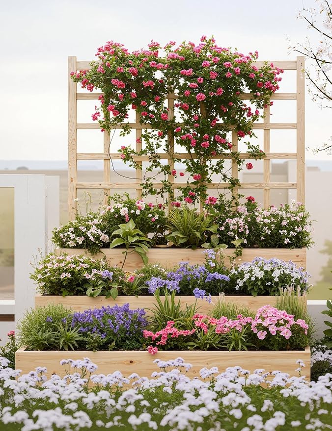Vertical Wooden Garden Planter with Trellis – 3-Tier Raised Bed for Climbing Plants, Vegetables, Herbs & Fruits – Open Base Design for Improved Drainage – Ideal for Patio, Deck, or Backyard