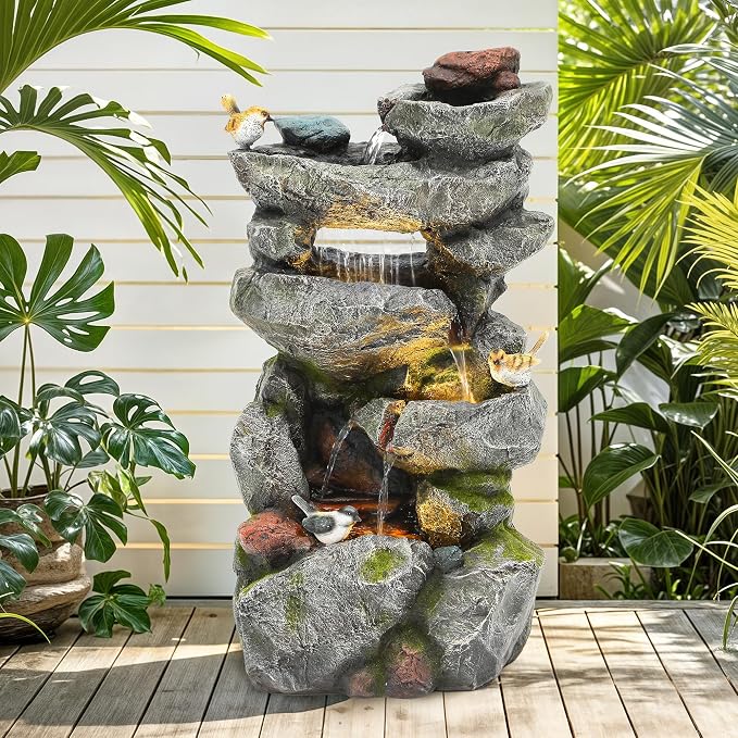 31.5" Multi-Tier Rock Outdoor Water Fountain with LED Lights, Cascading Waterfall with Birds for Garden Patio Porch, Weather-Resistant Resin Water Feature for Tranquil Oasis