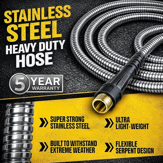 Bionic Steel PRO 50 Ft Metal Garden Hose with Brass Nozzle | Water Hose Made from Heavy Duty 304 Stainless Steel, Flexible, Lightweight, Brass Fittings, Non Kinking, 500 PSI