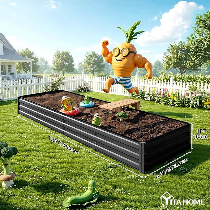YITAHOME 2pcs 12x4x1ft Galvanized Raised Garden Bed, Metal Planter Box with Safety Rubber, Gloves, Outdoor Flower Bed for Planting Plants Vegetables, Black