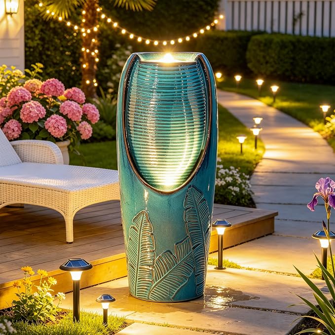 32" H Outdoor Garden Fountain with LED Lights, Modern Ceramic Jar Water Fountain, 3D Tropical Leaf Pattern, Teal Blue Glaze, Soothing Cascading Waterfall for Relaxing Patio, Yard, Porch