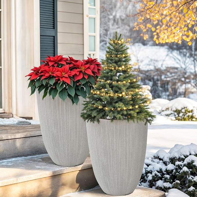 19" Mediterranean Beige Resin Tall Planters with Fluted Texture | Set of 2 resin planters with beige fluted texture, drainage plugs, and UV-resistant finish for porch, patio, or indoors
