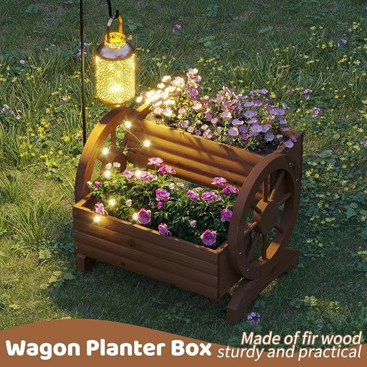 Wooden Wagon Planters for Outdoor Plants, Flower Cart, Wood Planter Boxes Outdoor, Backyard Decor, Flower Planters Outdoor with Wheels Planter for Flowers Vegetables (Brown)