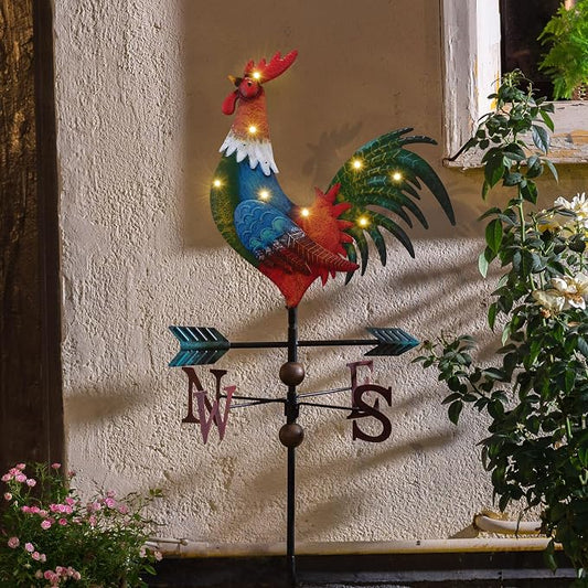 TERESA'S COLLECTIONS Garden Decor with Solar Outdoor Lights, Red Rooster Yard Art Sign for Outside, 39.4'' Metal Weathervane Decorative Garden Stake for Outdoor Decor Lawn, Gifts for Mom
