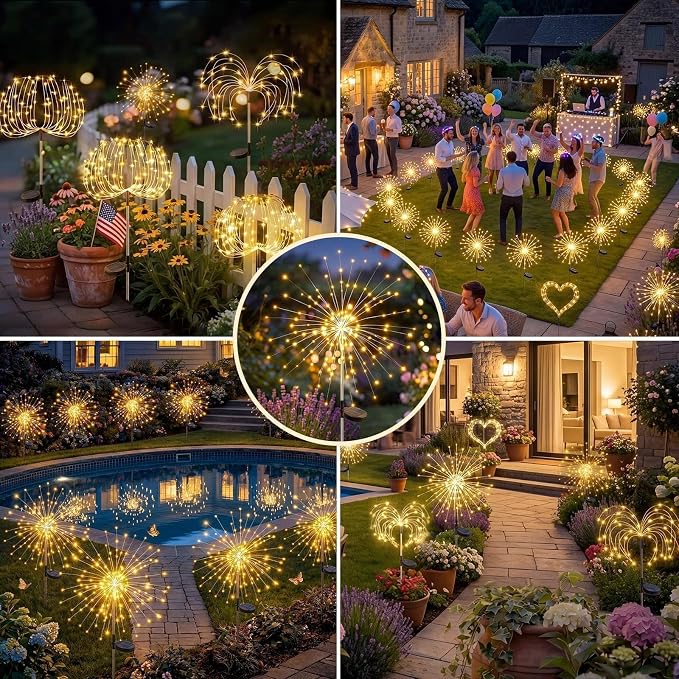 Solar Firework Lights Outdoor 4 Pack, 120LED Solar Starburst Garden Lights with 8 Modes,Waterproof Decorative Fairy Light for Backyard, Garden, Patio & Lawn Landscape Decor