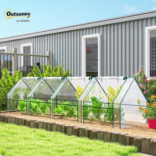 Outsunny 12' x 3' x 3'Mini Greenhouse with Zippered Doors & Roll-up Windows, Portable Plant Hot House with PVC Cover, Water Resistant, UV Protected for Outdoor Flowers, Vegetables, Clear
