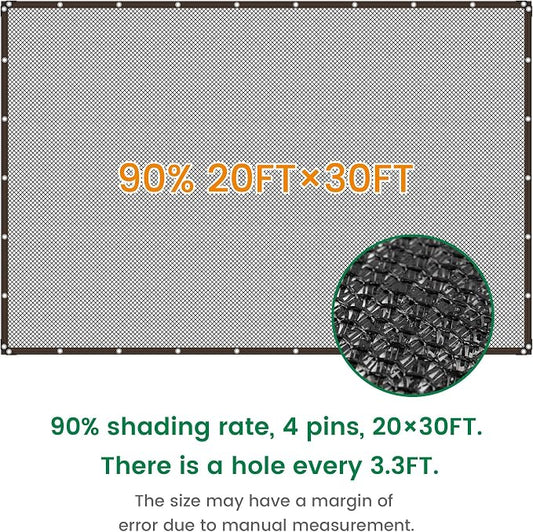 Shade Cloth, 20FT X 30FT 90% Black Outdoor Woven Sun Shade with Grommets, Durable Breathable Netting Shading Antifreezing for Patio, Garden, DIY Home, Plants Cover, Greenhouse, Dog Kennel
