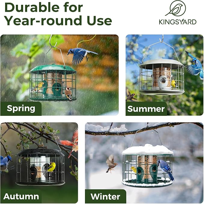 Kingsyard Tube Squirrel Proof Bird Feeders for Outdoor Hanging, Metal Caged | Rain Proof Covered, Wildbirds Finches Bluebird, 4 Feeding Ports, Green