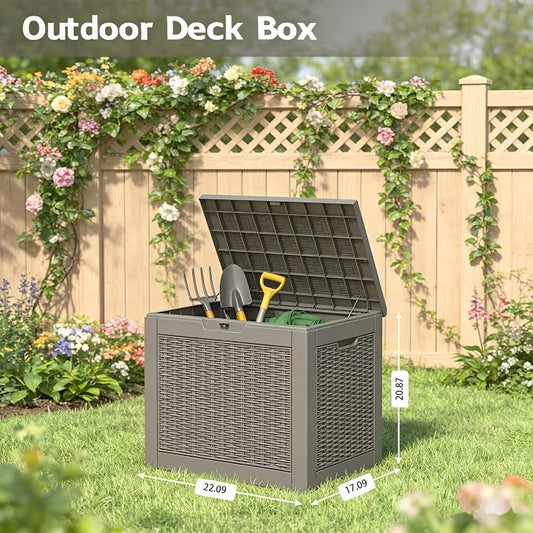 Outdoor Storage Box, 35 Gallon Resin Deck Boxes Outdoor Waterproof For Patio Furniture, Garden Tools, Pool Supplies, Lockable And UV Resistant (Rattan Gray)