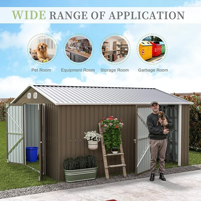 YOPTO 12X10 FT Metal Outdoor Storage Shed W/Flower Pot Stand,Brown | 3 Lockable Doors,Air Vent,Sloped Roof,Reinforced Structure,Waterproof Outdoor Shed for Garden,Patio,Backyard,Lawn