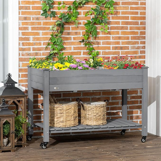 Outsunny Raised Garden Bed, 47" x 22" x 33", Elevated Wooden Planter Box w/Lockable Wheels, Storage Shelf, and Bed Liner for Backyard, Patio, Dark Gray